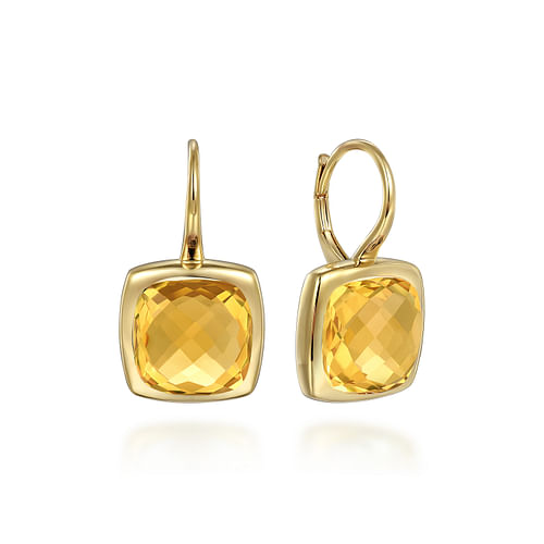 14K Yellow Gold Cushion Cut Citrine Earrings With Flower Pattern J-Back