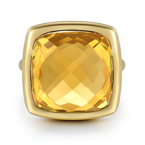 14K Yellow Gold Cushion Cut Citrine Ladies Ring With Flower Pattern J-Back