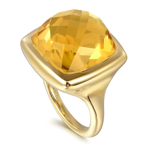 14K Yellow Gold Cushion Cut Citrine Ladies Ring With Flower Pattern J-Back