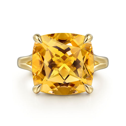 14K Yellow Gold Cushion Cut Citrine Ladies Ring