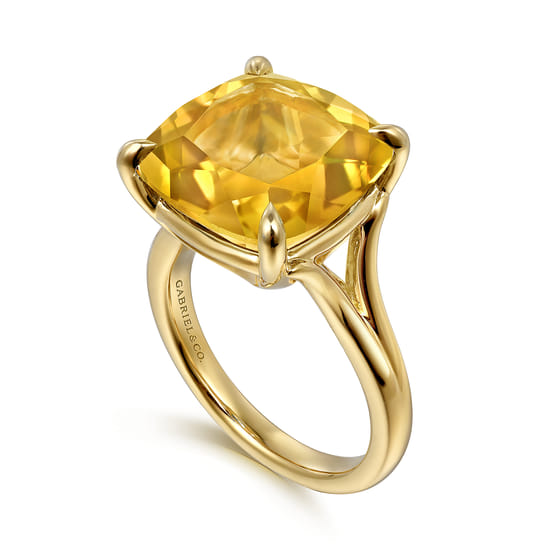 14K Yellow Gold Cushion Cut Citrine Ladies Ring angle 3 14K Yellow Gold Cushion Cut Citrine Ladies Ring angle 3