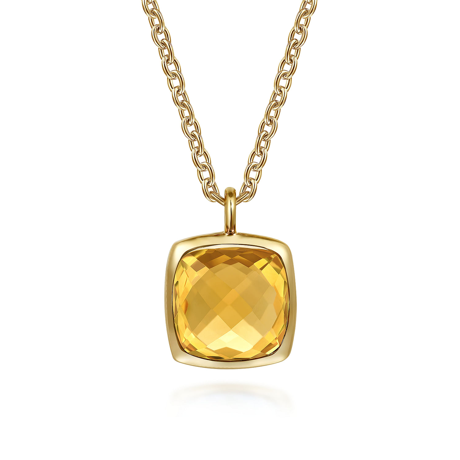 Gabriel - 14K Yellow Gold Cushion Cut Citrine Necklace With Flower Pattern J-Back and Bezel Setting
