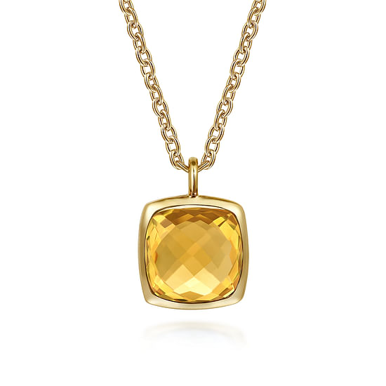 Gabriel - 14K Yellow Gold Cushion Cut Citrine Necklace With Flower Pattern J-Back and Bezel Setting