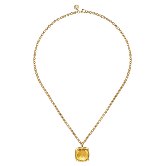 14K Yellow Gold Cushion Cut Citrine Necklace With Flower Pattern J-Back and Bezel Setting angle 2 14K Yellow Gold Cushion Cut Citrine Necklace With Flower Pattern J-Back and Bezel Setting angle 2