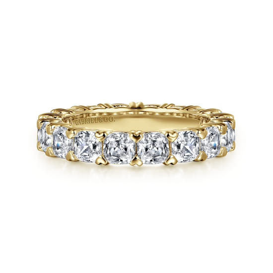 14K Yellow Gold Cushion Cut Diamond Eternity Band with Heart Prongs 14K Yellow Gold Cushion Cut Diamond Eternity Band with Heart Prongs