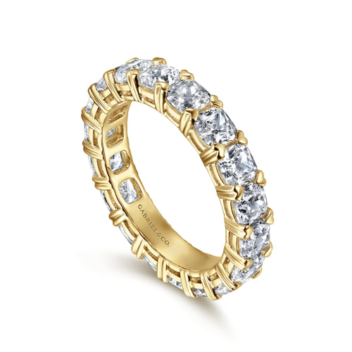 14K Yellow Gold Cushion Cut Diamond Eternity Band with Heart Prongs