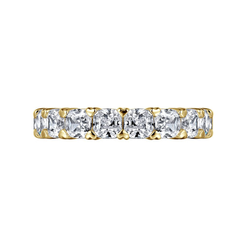14K Yellow Gold Cushion Cut Diamond Eternity Band with Heart Prongs