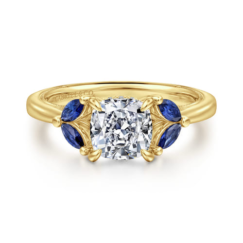 14K Yellow Gold Cushion Cut Diamond and Sapphire Engagement Ring