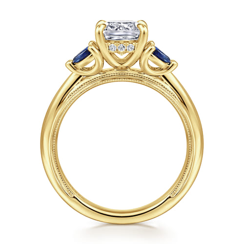 14K Yellow Gold Cushion Cut Diamond and Sapphire Engagement Ring