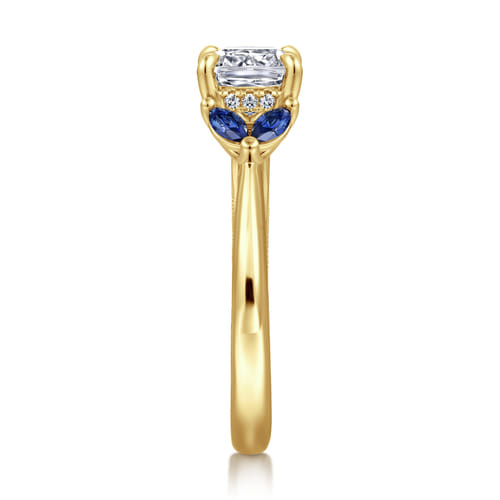14K Yellow Gold Cushion Cut Diamond and Sapphire Engagement Ring