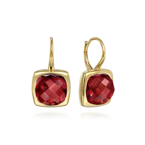 14K Yellow Gold Cushion Cut Garnet Earrings With Flower Pattern J-Back