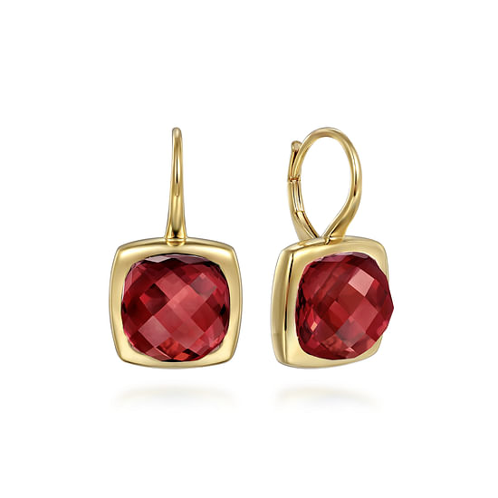 Gabriel - 14K Yellow Gold Cushion Cut Garnet Earrings With Flower Pattern J-Back