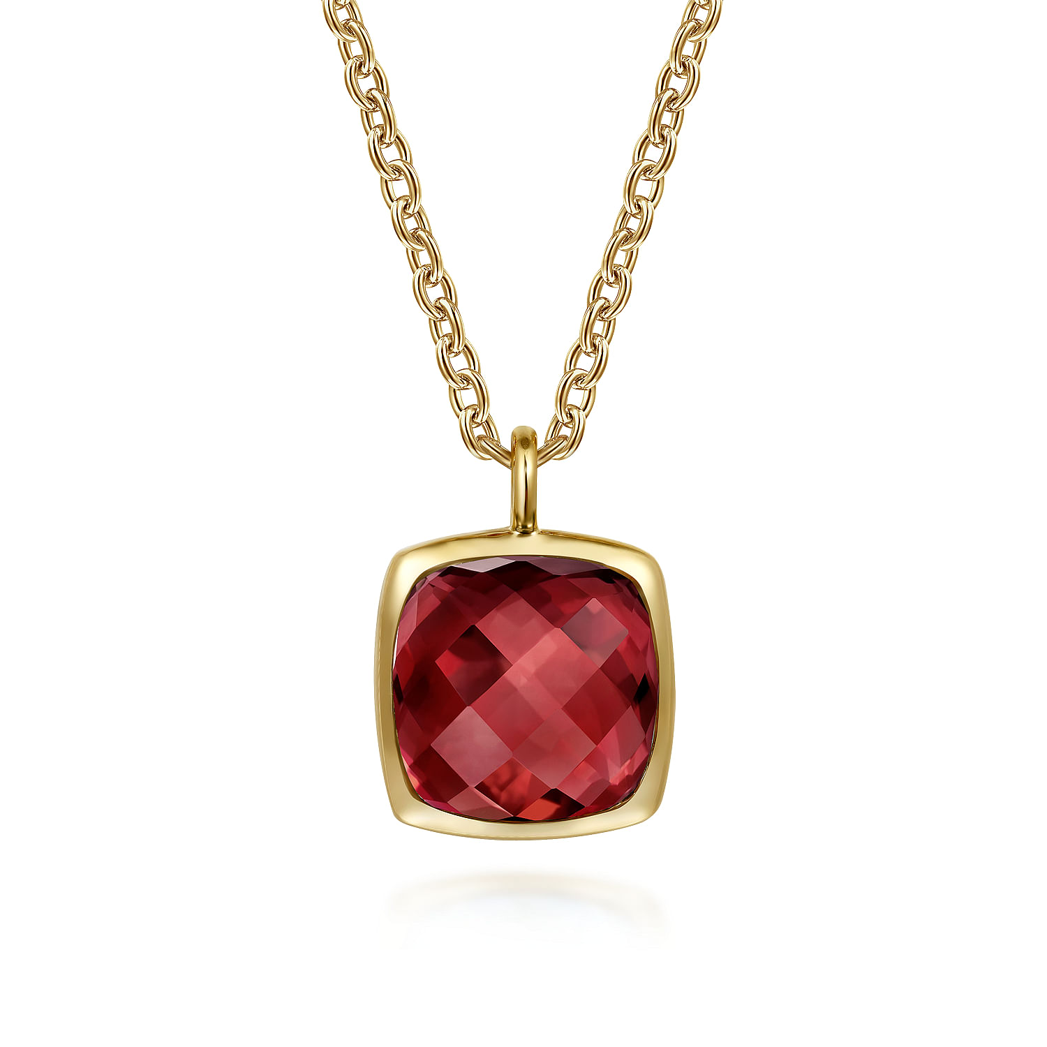 14K Yellow Gold Cushion Cut Garnet Necklace With Flower Pattern J-Back and Bezel Setting