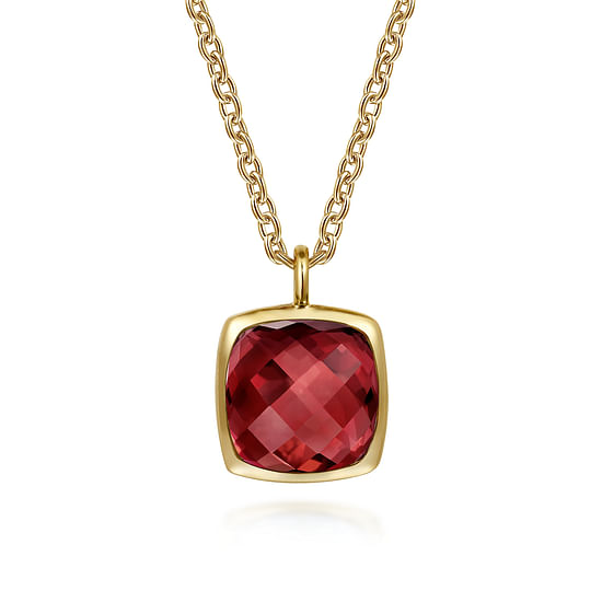 Gabriel - 14K Yellow Gold Cushion Cut Garnet Necklace With Flower Pattern J-Back and Bezel Setting