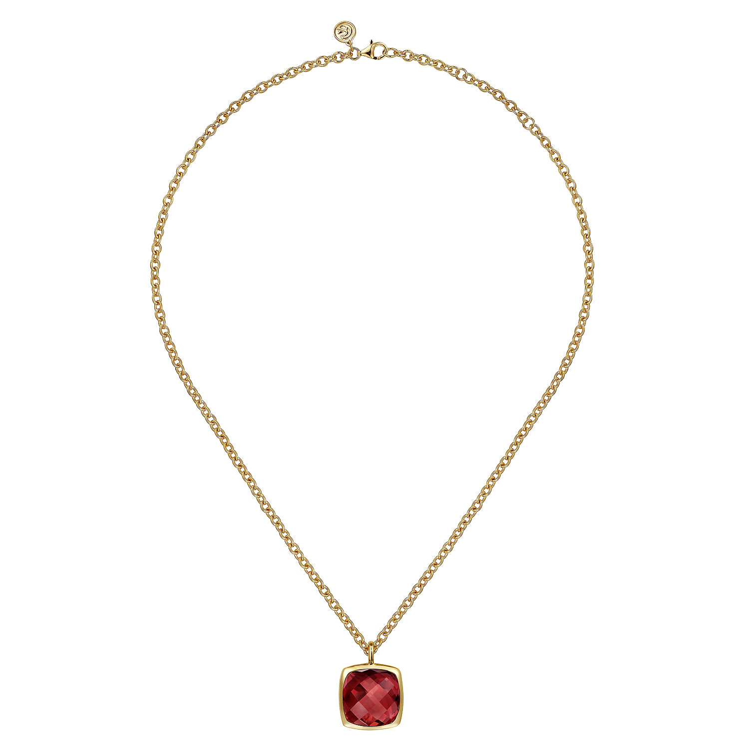 14K Yellow Gold Cushion Cut Garnet Necklace With Flower Pattern J-Back and Bezel Setting