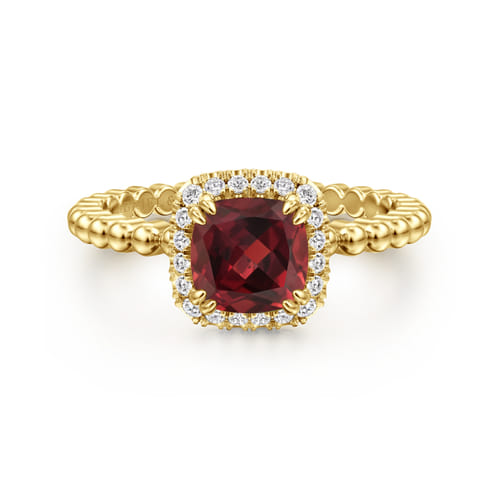 14K Yellow Gold Cushion Cut Garnet and Diamond Halo Ring 14K Yellow Gold Cushion Cut Garnet and Diamond Halo Ring