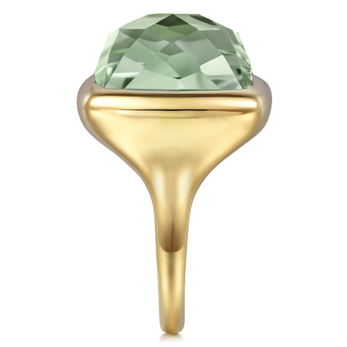 14K Yellow Gold Cushion Cut Green Amethyst Ladies Ring With Flower Pattern J-Back