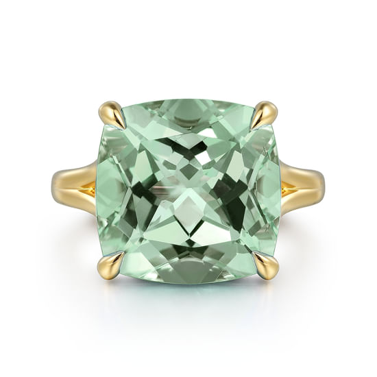 Gabriel - 14K Yellow Gold Cushion Cut Green Amethyst Ladies Ring