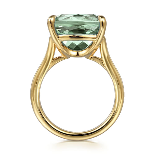 14K Yellow Gold Cushion Cut Green Amethyst Ladies Ring