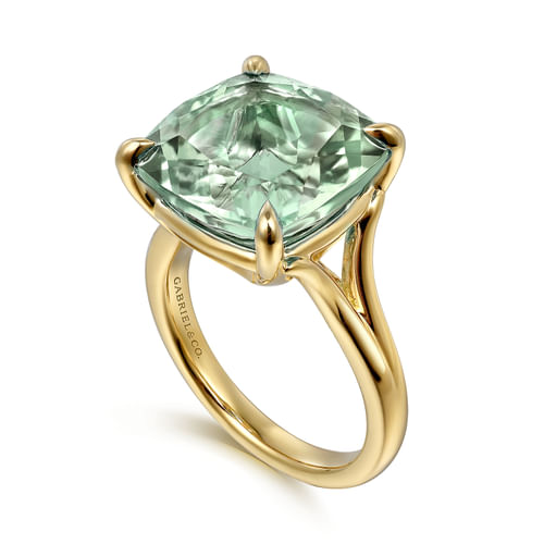 14K Yellow Gold Cushion Cut Green Amethyst Ladies Ring