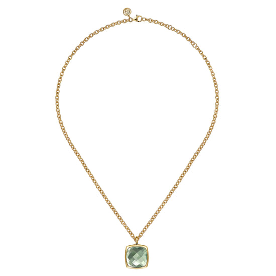 14K Yellow Gold Cushion Cut Green Amethyst Necklace With Flower Pattern J-Back and Bezel Setting angle 2 14K Yellow Gold Cushion Cut Green Amethyst Necklace With Flower Pattern J-Back and Bezel Setting angle 2