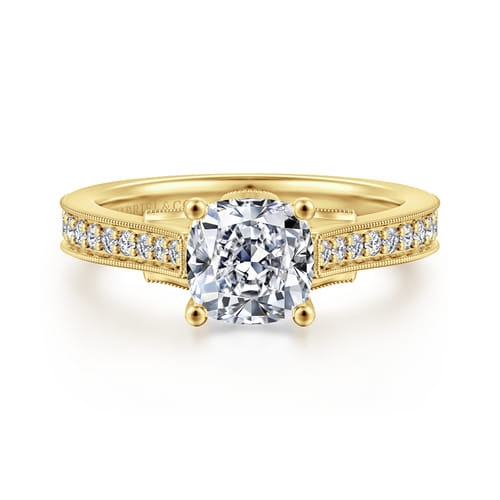 14K Yellow Gold Cushion Cut Lotus Diamond Engagement Ring