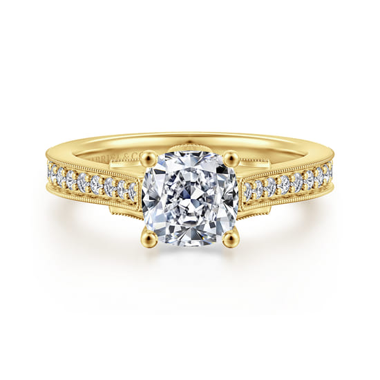 Gabriel - 14K Yellow Gold Cushion Cut Lotus Diamond Engagement Ring