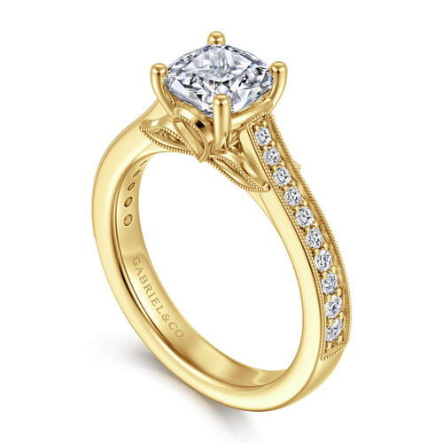 14K Yellow Gold Cushion Cut Lotus Diamond Engagement Ring