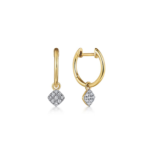 14K Yellow Gold Cushion Cut Pavé 10mm Diamond Drop Earrings