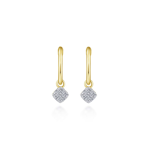 14K Yellow Gold Cushion Cut Pavé 10mm Diamond Drop Earrings