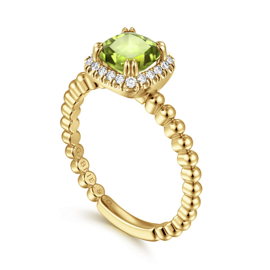 14K Yellow Gold Cushion Cut Peridot and Diamond Halo Promise Ring angle 3 14K Yellow Gold Cushion Cut Peridot and Diamond Halo Promise Ring angle 3