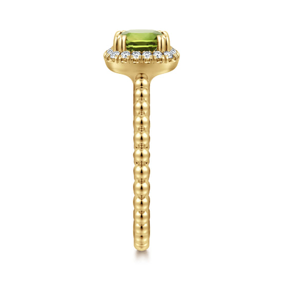 14K Yellow Gold Cushion Cut Peridot and Diamond Halo Promise Ring angle 4 14K Yellow Gold Cushion Cut Peridot and Diamond Halo Promise Ring angle 4