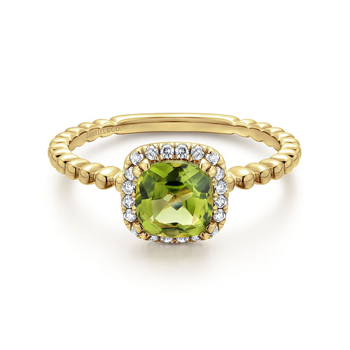 14K Yellow Gold Cushion Cut Peridot and Diamond Halo Ring