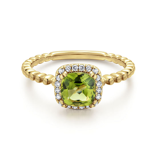 Gabriel - 14K Yellow Gold Cushion Cut Peridot and Diamond Halo Ring