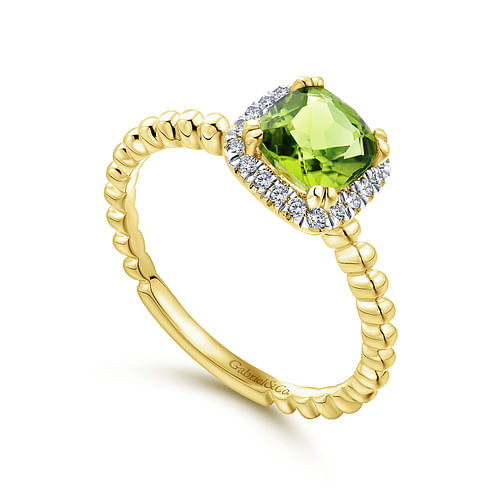 14K Yellow Gold Cushion Cut Peridot and Diamond Halo Ring