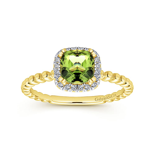 14K Yellow Gold Cushion Cut Peridot and Diamond Halo Ring