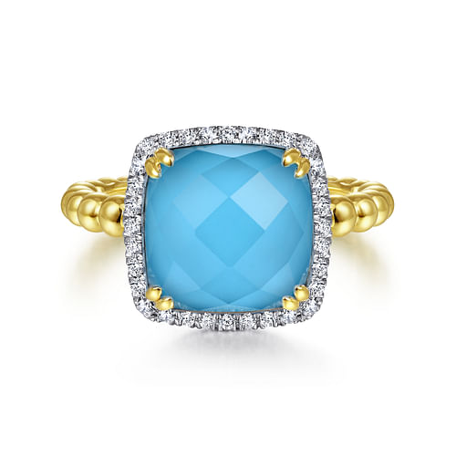 14K Yellow Gold Cushion Cut Rock Crystal/Turquoise and Diamond Halo Ring