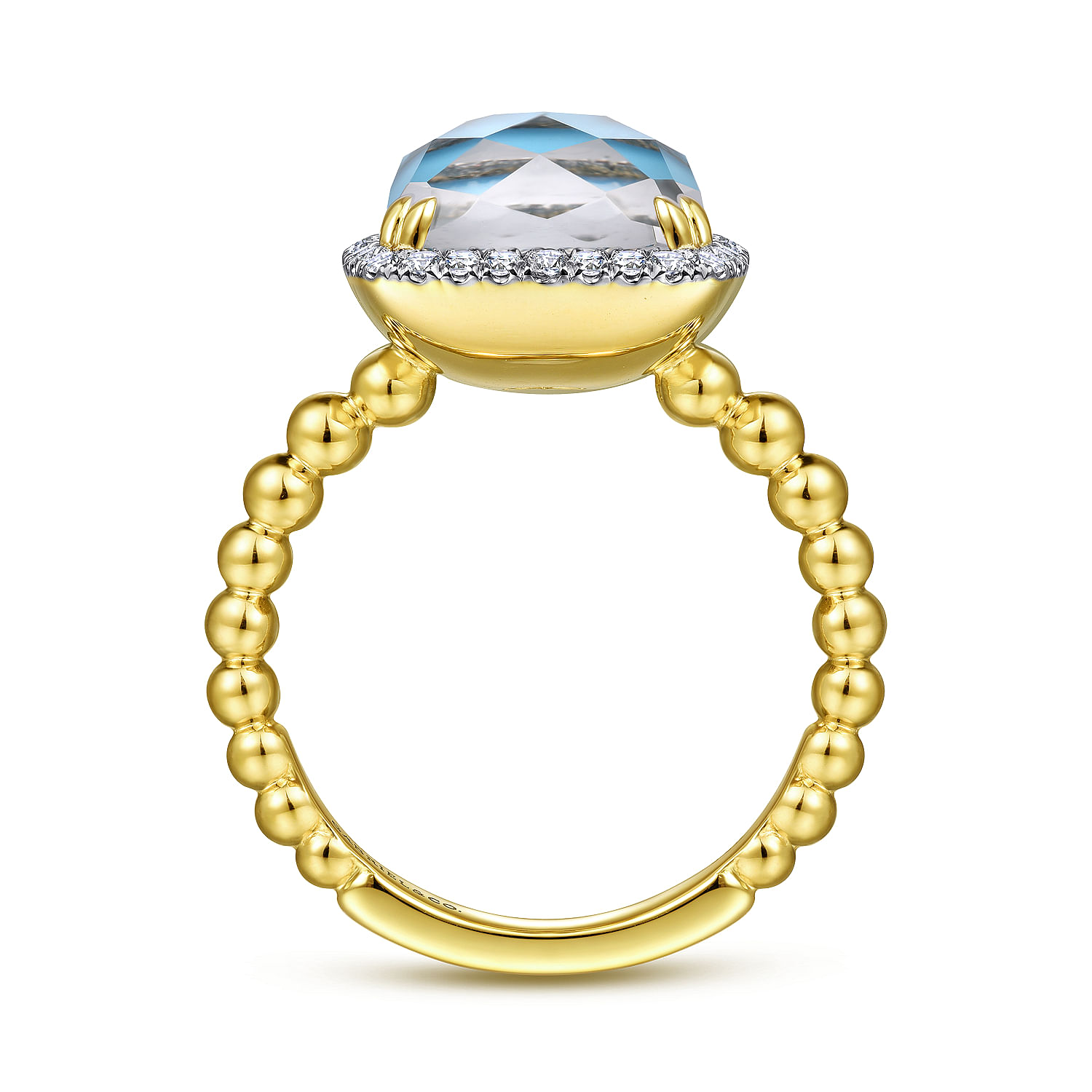 14K Yellow Gold Cushion Cut Rock Crystal/Turquoise and Diamond Halo Ring