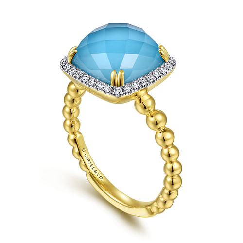 14K Yellow Gold Cushion Cut Rock Crystal/Turquoise and Diamond Halo Ring