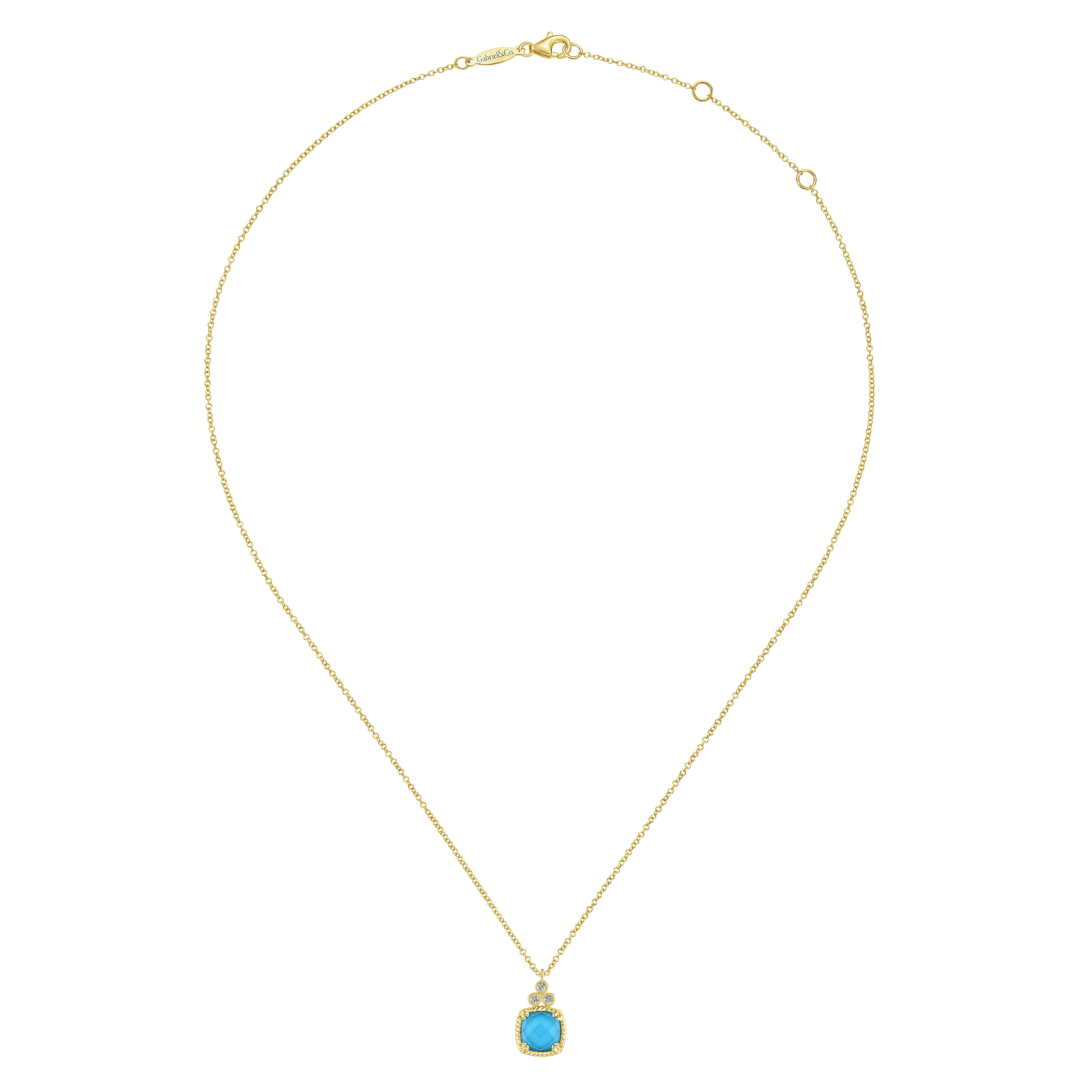14K Yellow Gold Cushion Cut Rock Crystal/Turquoise and Diamond Pendant Necklace