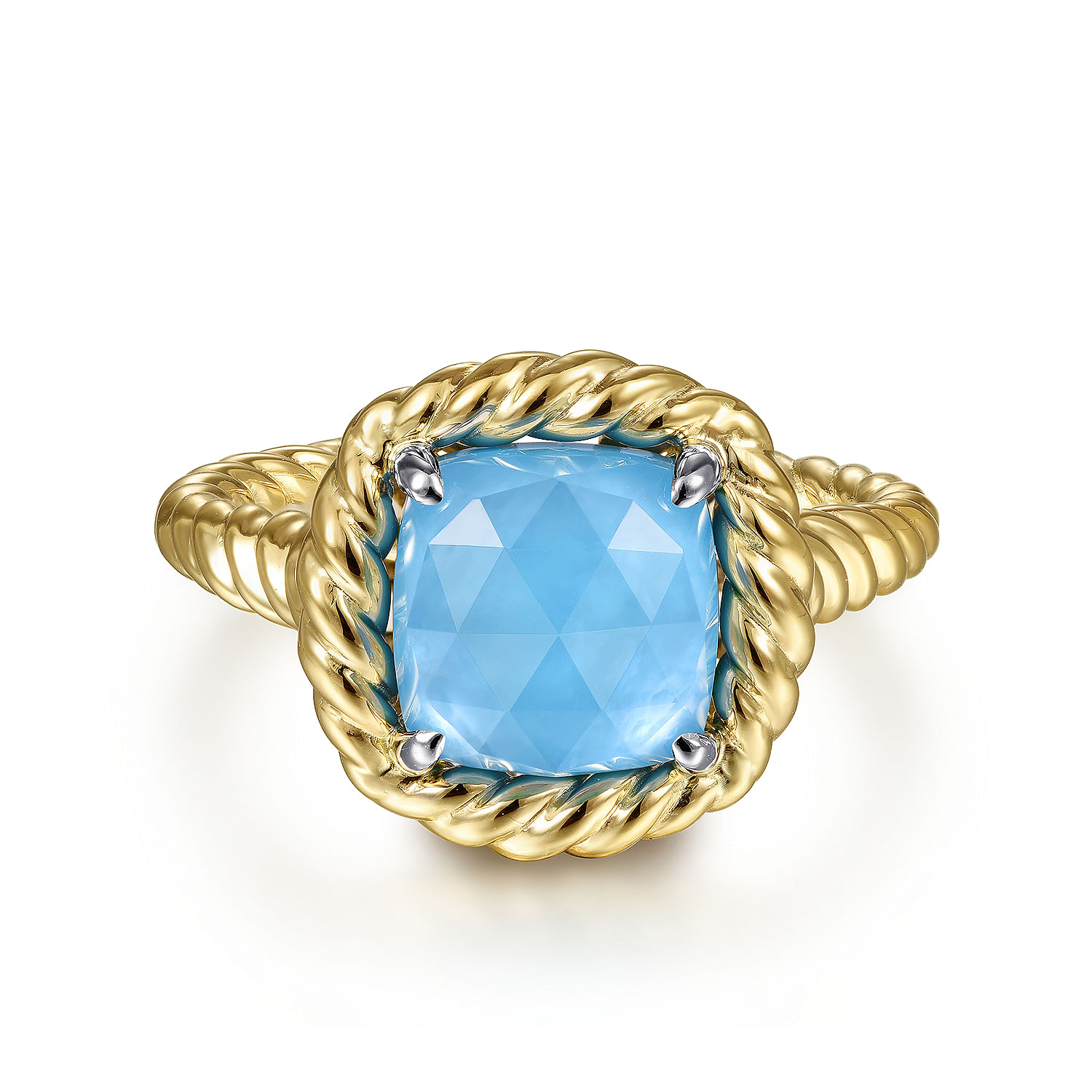 14K Yellow Gold Cushion Cut Rock Crystal/White MOP/Turquoise Twisted Rope Ring