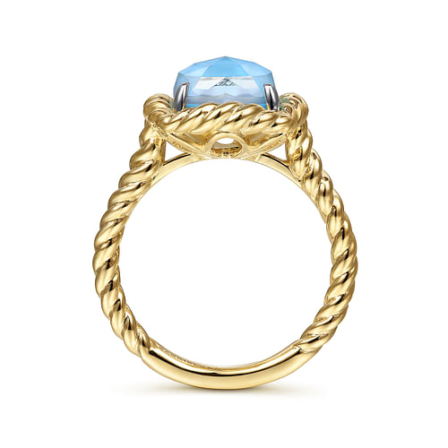 14K Yellow Gold Cushion Cut Rock Crystal/White MOP/Turquoise Twisted Rope Ring