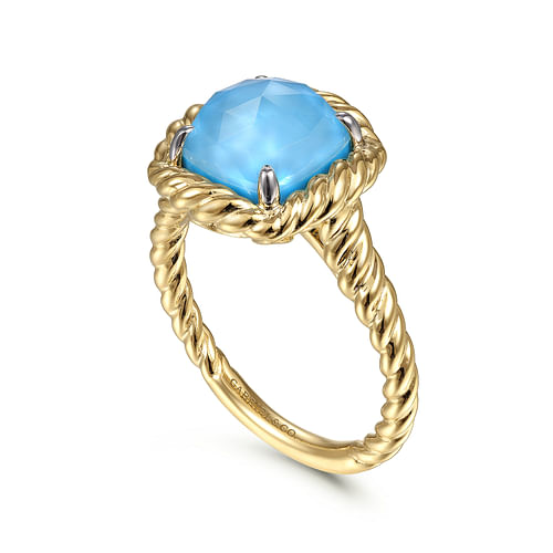 14K Yellow Gold Cushion Cut Rock Crystal/White MOP/Turquoise Twisted Rope Ring