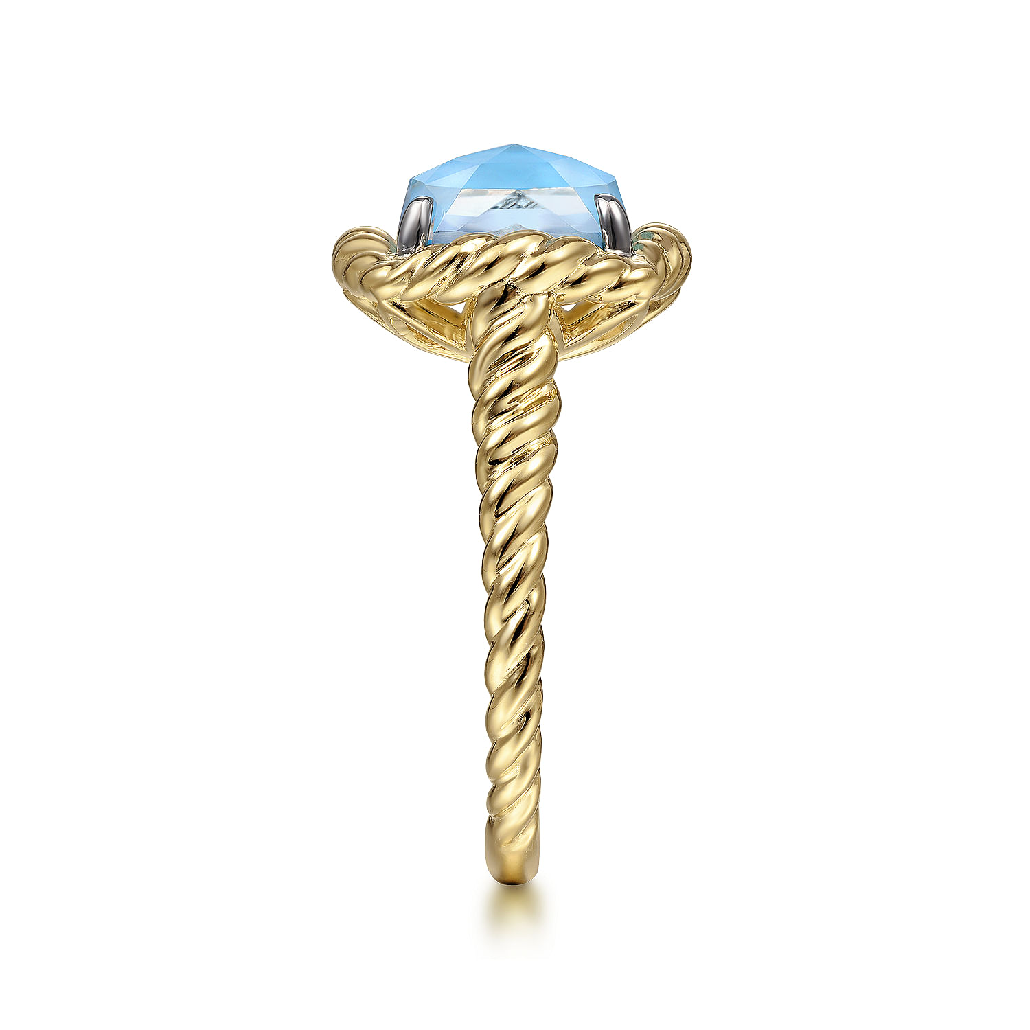 14K Yellow Gold Cushion Cut Rock Crystal/White MOP/Turquoise Twisted Rope Ring