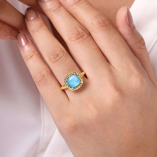 14K Yellow Gold Cushion Cut Rock Crystal/White MOP/Turquoise Twisted Rope Ring