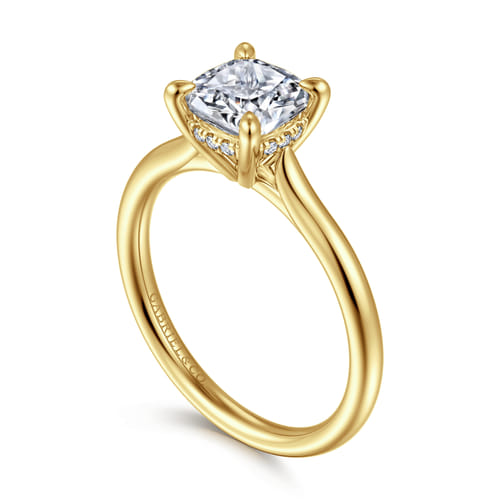 14K Yellow Gold Cushion Cut Solitaire Diamond Engagement Ring