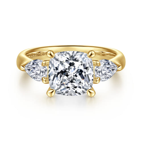 14K Yellow Gold Cushion Cut Three Stone Diamond Engagement Ring