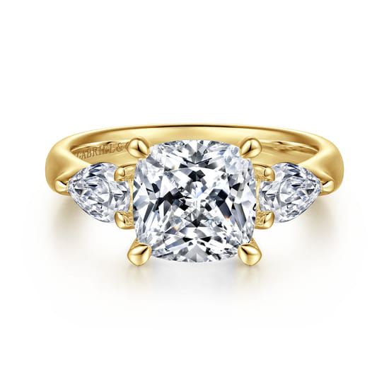 14K Yellow Gold Cushion Cut Three Stone Diamond Engagement Ring