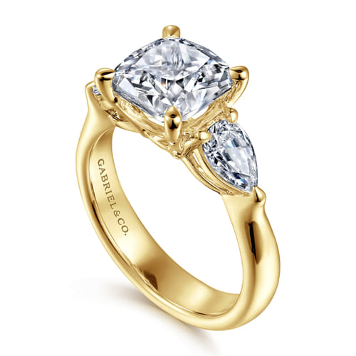 14K Yellow Gold Cushion Cut Three Stone Diamond Engagement Ring