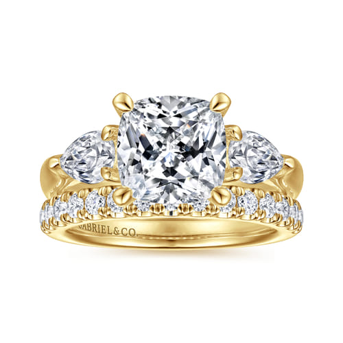 14K Yellow Gold Cushion Cut Three Stone Diamond Engagement Ring